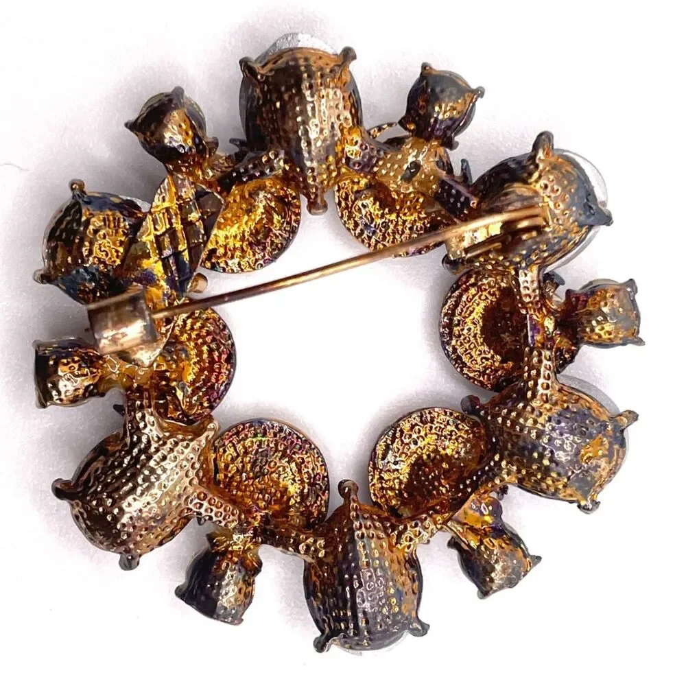 Crescent Moon & Blue Crystal Circle Brooch Pin Vintage Rhinestone